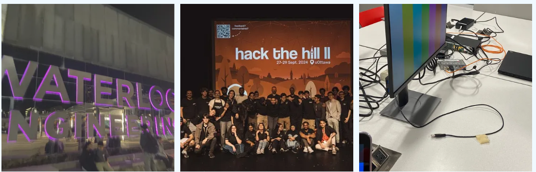 Waterloo Engineering Building, Hack the Hill Organizers at Ceremonies, a Desktop Setup for Hackers in a makerspace.